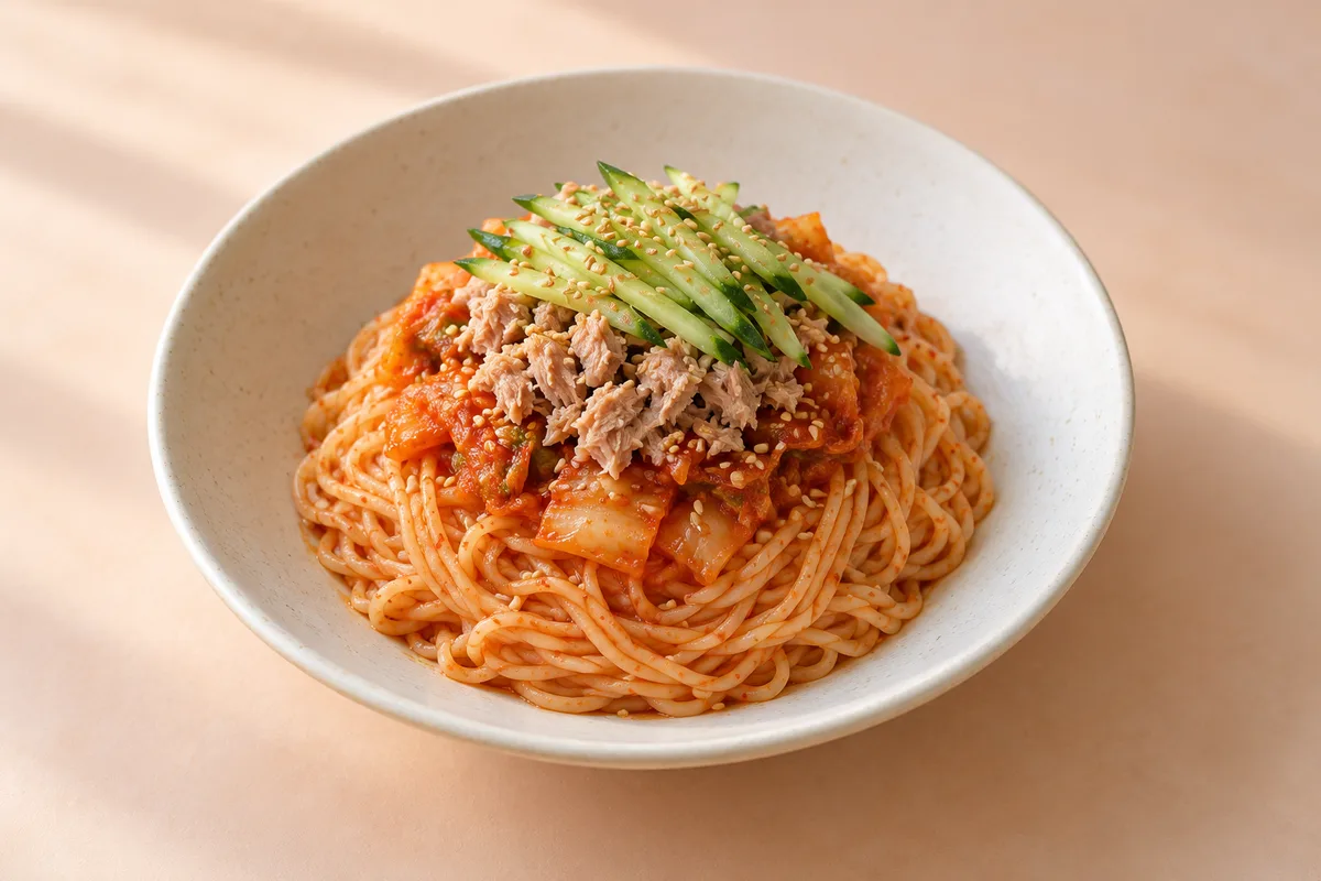 김치 참치 비빔국수 완성 모습 참고 · AI 생성 이미지